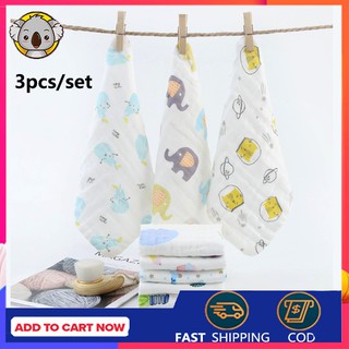 3pcs Set Soft Face Towel Gauze Muslin Layer Cotton Bibs Baby Wash Cloth Lampin Random Cute Design