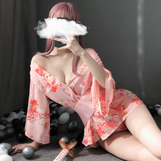 ﹉❇✸Sexy Lingerie Japanese Style Cherry Kimono Dress Sexy Pajamas Female Uniform Yukata Temptation E