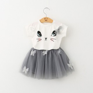IU Kids Girls Summer Cute Cat T-Shirts+Net Veil Tutu Skirt (3)