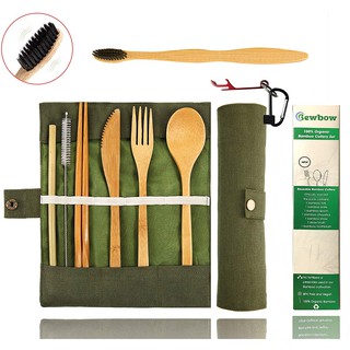 10 x set Bamboo Cutlery Set with Toothbrush, Foldable Pouch & Gift Box. (1)