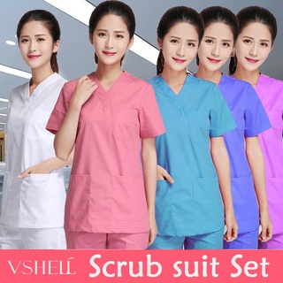 【Ready Stock】❣[VSHELL] Scrub Suit Set Scrub Baju Clothes Medical Suits for Women Short Sleeve Full S