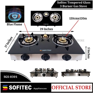 Sofitec Black Gas Stove 3 Burner Tempered Glass Top Lutuan Kitchen Utensil Cooking Tools SGS-0301