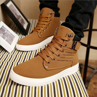 【BEST SELLER】 Ready Stock Men High Top Lace Ankle Boots Casual Warm Canvas Shoes Khaki