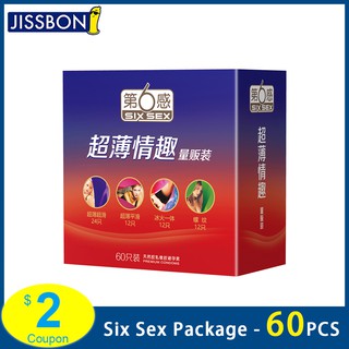 Jissbon 60pcs Super Lubricating Sensitive Dotted Ribbed Condoms Natural Latex Ultra Thin Condoms for