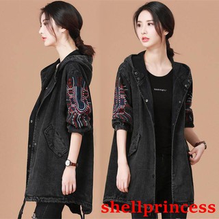 Autumn Embroidery Hooded Denim Jacket Female Long Section