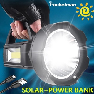 Solar Powered Handheld LED Flashlight Portable Work Light USB Rechargeable Searchlight Waterproof Camping Lantern