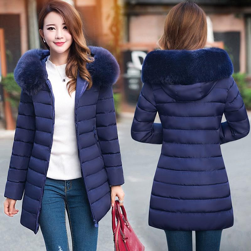 Winter Women Down Warm Long Padded Fur Collar Hooded Jacket (1)