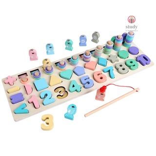 5-in-1 Wooden Number Puzzle Logarithmic Board Shape Sorter Counting Game Magnetic Fishing Game Montessori Toy for Kids Toddlers Preschool Education