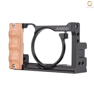 Andoer Metal Aluminum Camera Cage Compatible with Sony RX100 VI/VII with Cold Shoe Mount 1/4 Screw Wooden Handgrip Vlogging Shooting Accessories (7)