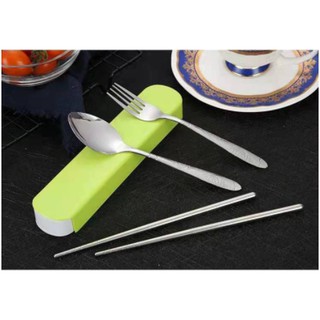 STAINLESS STEEL CHOPSTICK SPOON SET WITH PLASTIC BOX PORTABLE TABLEWARE