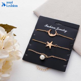 3Pcs / Set Simple Bracelet Star Moon Faux Pearl Pendant Bracelet Set Accessories Party Gifts (1)