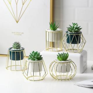 FL Flower Pot Ceramics Decorative Tabletop Plant Pot Indoor with Gold Metal Stand for Succulents Cactus Herb Orchid, Desk Decor Gift (1)