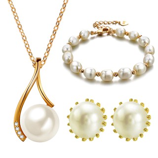 Crown Jewelry 18k Gold Plated Jewelry Set Pearl Set Korean Design Earrings Necklace and Bracelet