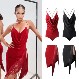 &2021 Latin Dance Costume Women Sling Tops Fringe Skirt Latin Practice Dress Samba Rumba Ballroom Co