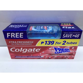 Colgate Fresh Confidence Toothpaste 2 x 175g Twin Pack (Spicy Fresh) w/ FREE 100ml Plax Peppermint