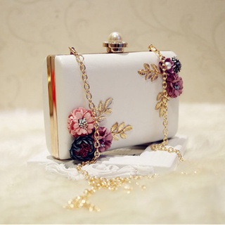 【In Stock】Fashion Women Leather Evening Bag Dinner Party Lady Wedding Flower Clutch Purse(white)