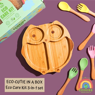 ECO KIDS - 3-in-1 Kids Eco Friendly Bamboo Suction Plate with spoon and fork