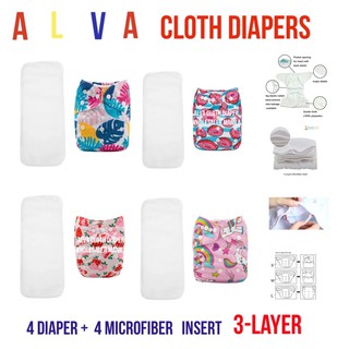 Alva Baby Cloth Diaper 4 set with 3 layer Microfiber insert Girl Prints