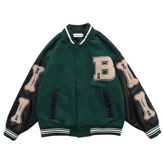 Furry Bone Letter Patch Block Patchwork Optional Harajuku College Style Bomber Jacket Men And Women