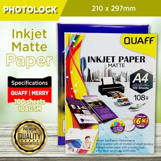108gsm QUAFF Matte Inkjet Paper A4 Size || Merry 108gsm Matte Inkjet Paper A4 (100 sheets / pack)