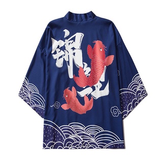 Black Kimono Cardigan Women Men Japanese Obi Male Yukata Men's Haori Japanese Wave Carp Print Coat T