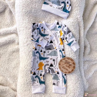 BABYGARDEN-Baby Boys Long Sleeve Romper with Cap, White Dinosaur Printed Pattern Button-down Overalls