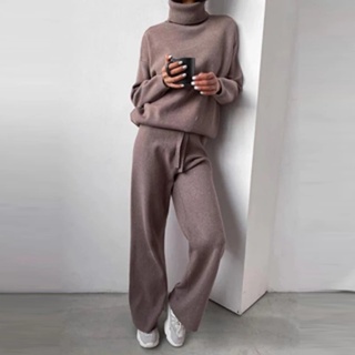 2 Pieces Set Women Knitted Tracksuit Turtleneck Sweater + Wide-Leg Straight Pants Suit Solid Sweater