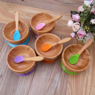 ✿INN Baby Feeding Bowl and Spoon Set Bamboo Bowl with Suction Cup Kid Children Dining Plate Tableware