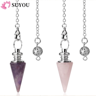 SUYOU Gift Reiki Pendulum Pendant Amethyst Amulet Conical Pendulum Rose Quartz Natural Stone Fashion Jewelry Chain Crystal Pendants Gemstone Rock Healing Crystal