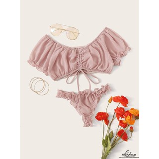 LD-2 Pieces Lingerie Set, Women’ s Solid Color V-Neck Short Sleeve Crop Top+ Underpants, S/M/L