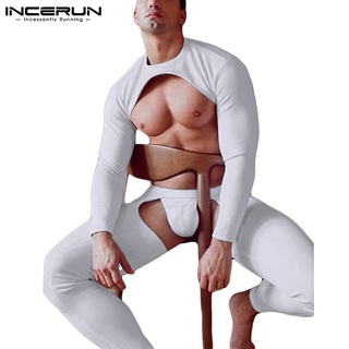 【TokTik Hot Style】 INCERUN Mens Sexy Hollow Out Long Sleeve Crop Top+Long Pant Two Pieces Pajama S