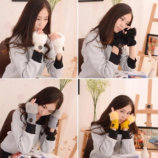 Cute Womens Girls Fingerless Fur Winter Warm Wrist Knitted Wool Mitten Gloves