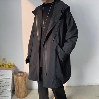2021 New Men Hooded Jackets Black Harajuku Windbreaker Overcoat Male Casual Outwear Hip Hop Streetwe