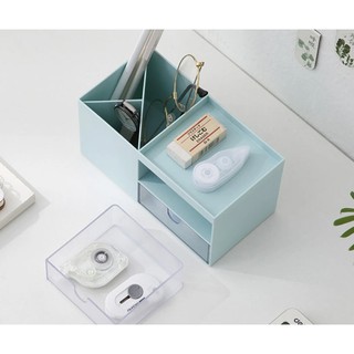Desktop Storage Box Pen Holder with 2 Drawers Stationery Cosmetics Makeup Brushes Holder Sundries Or (4)