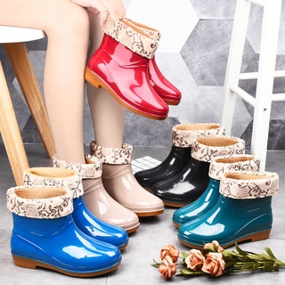 Spot◎♀Rain female short tube fashion antiskid shoes wear wading boots outside the kitchen waterproof