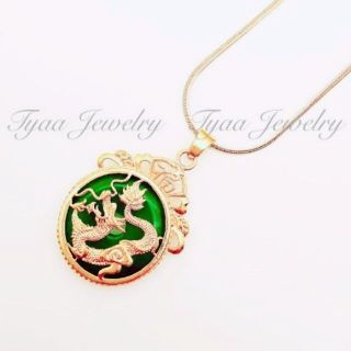 [Tyaa]Bangkok Gold Green Jade Dragon Pendant Necklace (2)