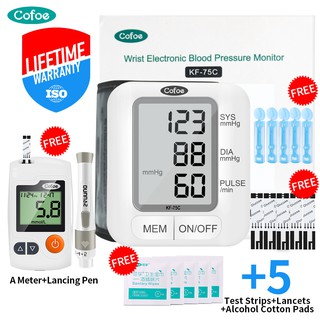 Free Glucometer Kit Cofoe Wrist Blood Pressure Monitor BP Heart Beat Monitor with LCD Sphygmomanometer