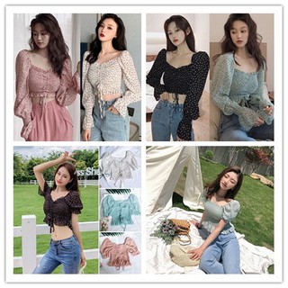 Ready stock Women's Chiffon Crop Tops Floral Print Square Collar Sweet Pleated T-Shirts Korean top christmas curtain couple watch