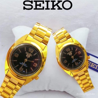 Seiko 5 Quartz GOLD Stainless Steel Couple Watch Free Box (Black Dial)