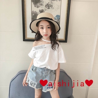 ready stock ❤ aishijia ❤ 【110--160】Girls Short SleeveTShirt New Style All-match Children's Korean-Style Fashion Style Cool off-Shoulder Children's Summer Coat Fashion Fashion Flow Western Style Friendly and Comfortable Simple-Style (1)