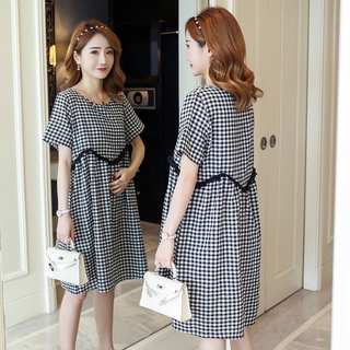 2020Summer New Maternity Dress Korean Casual Loose and Plus-sized Women's Short Sleeve and Plaid Midi Dress N0Yz