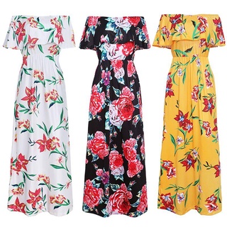 WIT Women 2019 Summer Holiday Boho Elegant Off shoulder Floral Print Maxi Long Tunic Dress