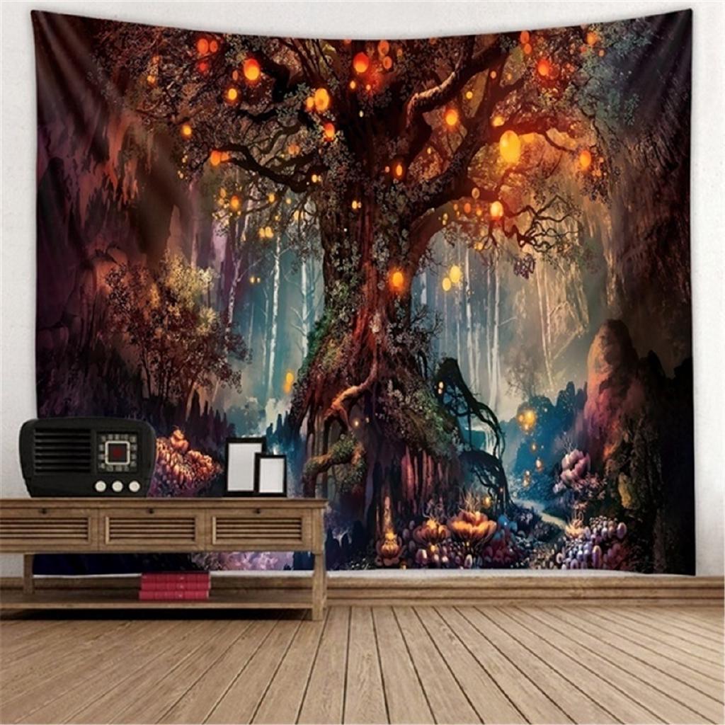 3D Psychedelic Tapestry Forest Trees and Stars Bedspread