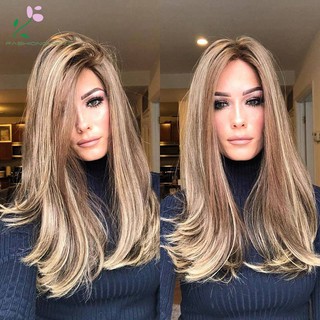 Women Gradient Blond Brown Long Curly Wig Synthetic Wavy Hair Heat Resistant Wig