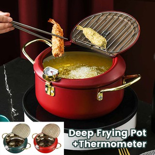 Kitchen Deep Frying Pot With Lid and Thermometer Non Stick Tempura Deep Fryer Stainless Steel French