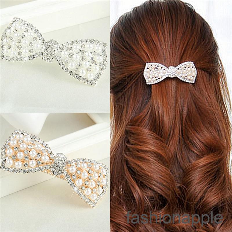FAPH Women Girl Crystal Bow Hair Clip Hairpin Barrette Pearl Hair Accessories (9)