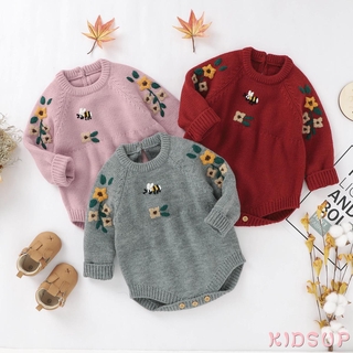 ✿KIDSUP✿Newborn Baby Girls Long Sleeve Embroidery Romper Knit Romper