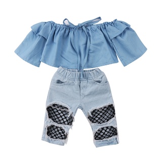 Baby clothingToddler Kids Baby Girls Off Shoulder Tops Denim Pants Hole Jeans Outfits Clothes Summer