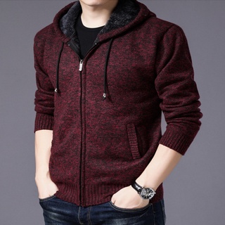 Thick Cardigan Men Sweater Fashion Autumn Winter Trendy Zipper Coat Solid Hooded Casual Warm Jacket