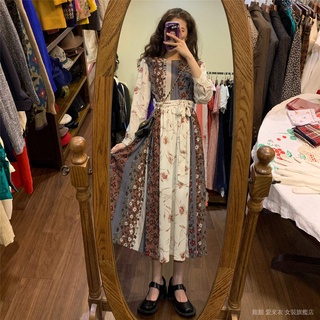 【Hot Spot】2021Autumn New Korean Style French Waist-Tight Design Midi Dress Long Patchwork Vintage Floral Dress for Women【15Shipped Within Days】
